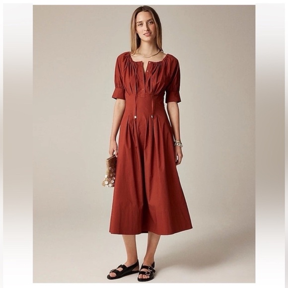 J. Crew Dresses & Skirts - J. Crew Brick Red Midi Dress with Puff Sleeves